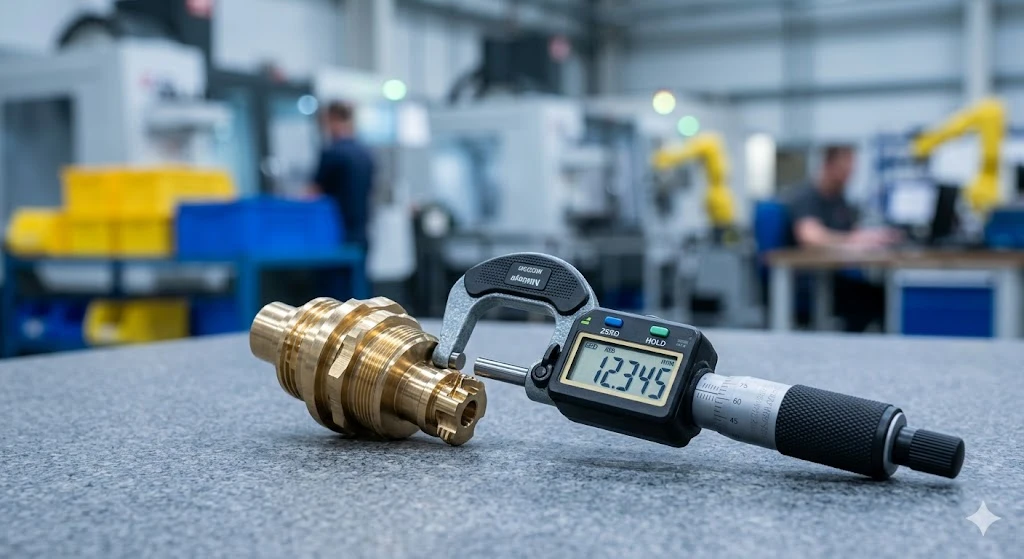 Close-up of a technician using a digital micrometer to verify the dimensional accuracy of a brass CNC part. Close-up of a technician using a digital micrometer to verify the dimensional accuracy of a brass CNC part.