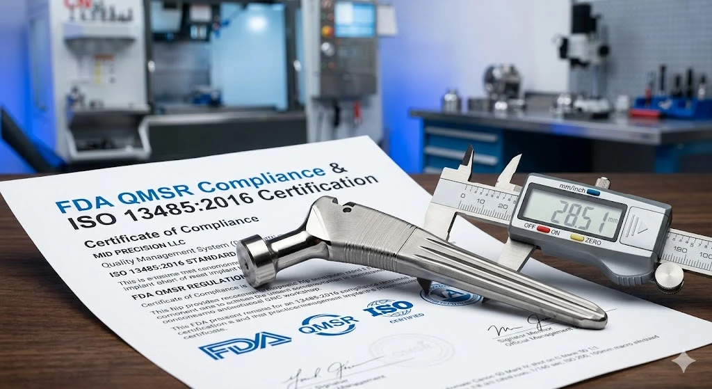 A CNC machined titanium orthopedic implant component presented alongside FDA QMSR and ISO 13485 compliance documentation. A CNC machined titanium orthopedic implant component presented alongside FDA QMSR and ISO 13485 compliance documentation.