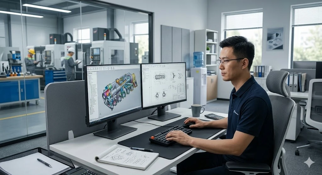 An industrial engineer reviewing a complex 3D CAD model of an aerospace titanium manifold component at a precision manufacturing facility An industrial engineer reviewing a complex 3D CAD model of an aerospace titanium manifold component at a precision manufacturing facility