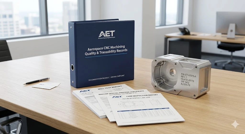 Complete aerospace CNC machined parts documentation package including mill certs, Nadcap records, and CMM reports.