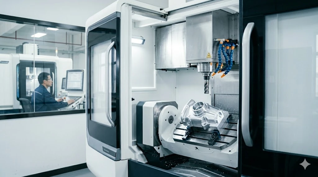 Interior of a 5-axis CNC machining center equipped with through-spindle high-pressure coolant nozzles