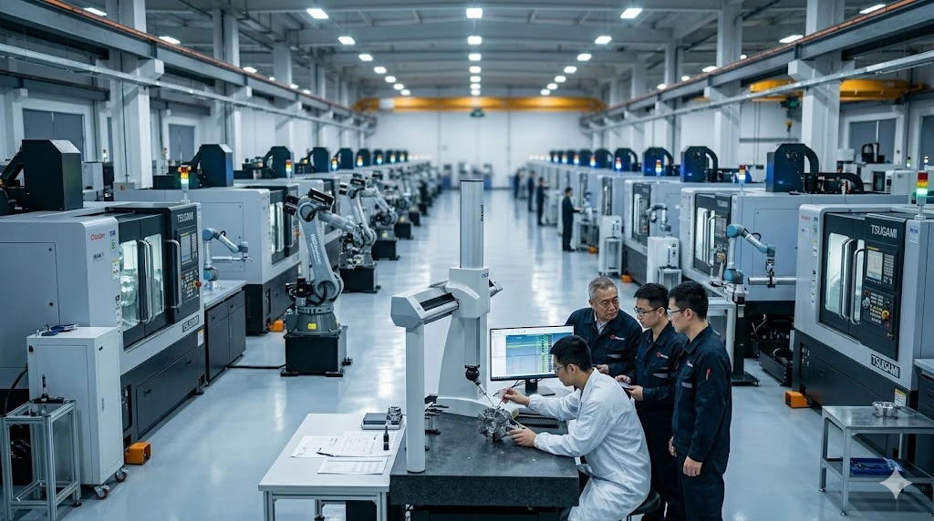 Close-up of a high-speed multi-axis mill-turn machining center fabricating a complex precision medical component with coolant fluid.