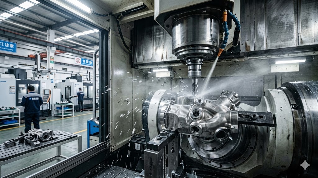 A high-precision 5-axis CNC milling machine machining a complex aerospace titanium bracket under cooling fluid